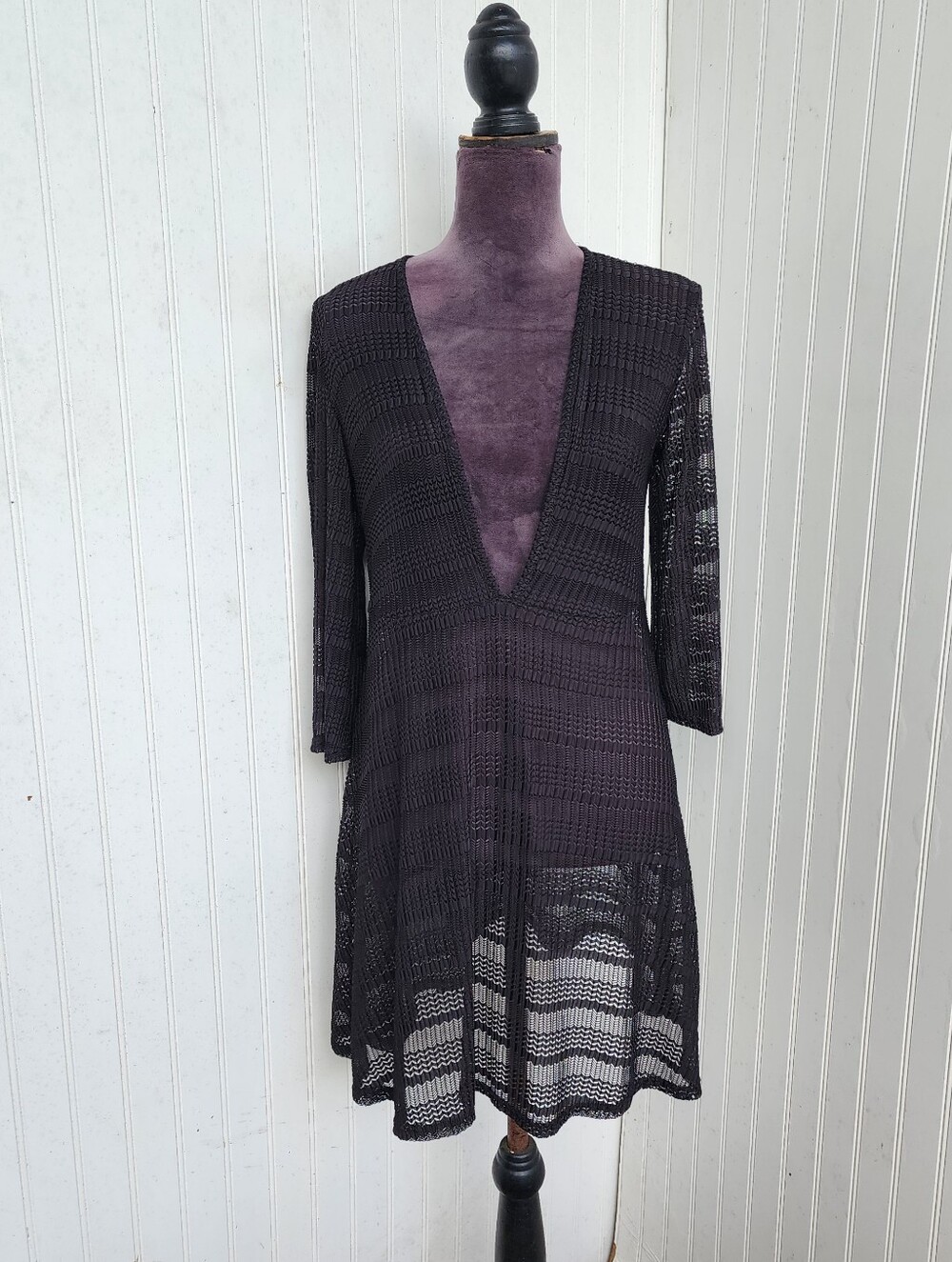 Jordan Taylor Swim Cover Up Women's Black Deep V-Neck Nylon 3/4 Sleeve Sz S